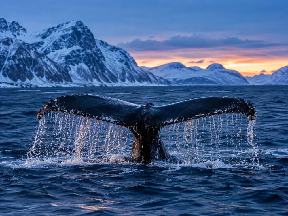 A pod of orcas surfacing together around a ball of herring, the water churned white between them.