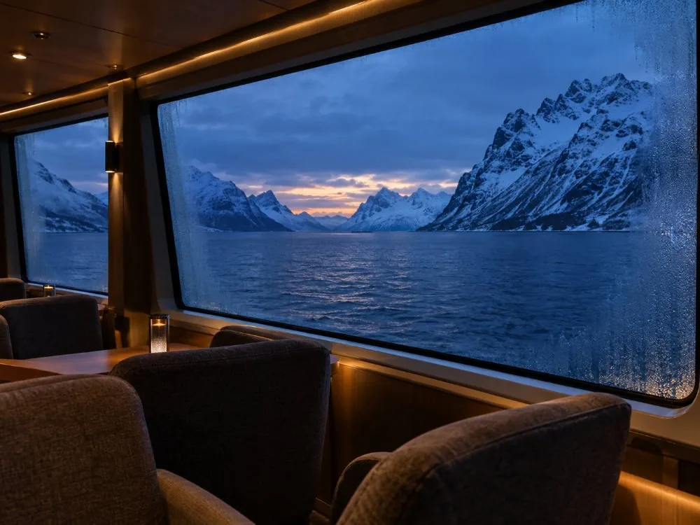 A humpback whale arching its back and fluking, snow-covered peaks standing behind it.
