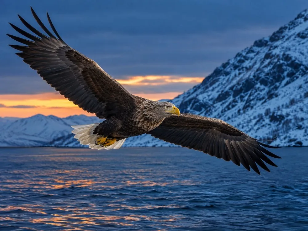 A sea eagle turning above the boat, drawn in by the same herring the whales are eating.